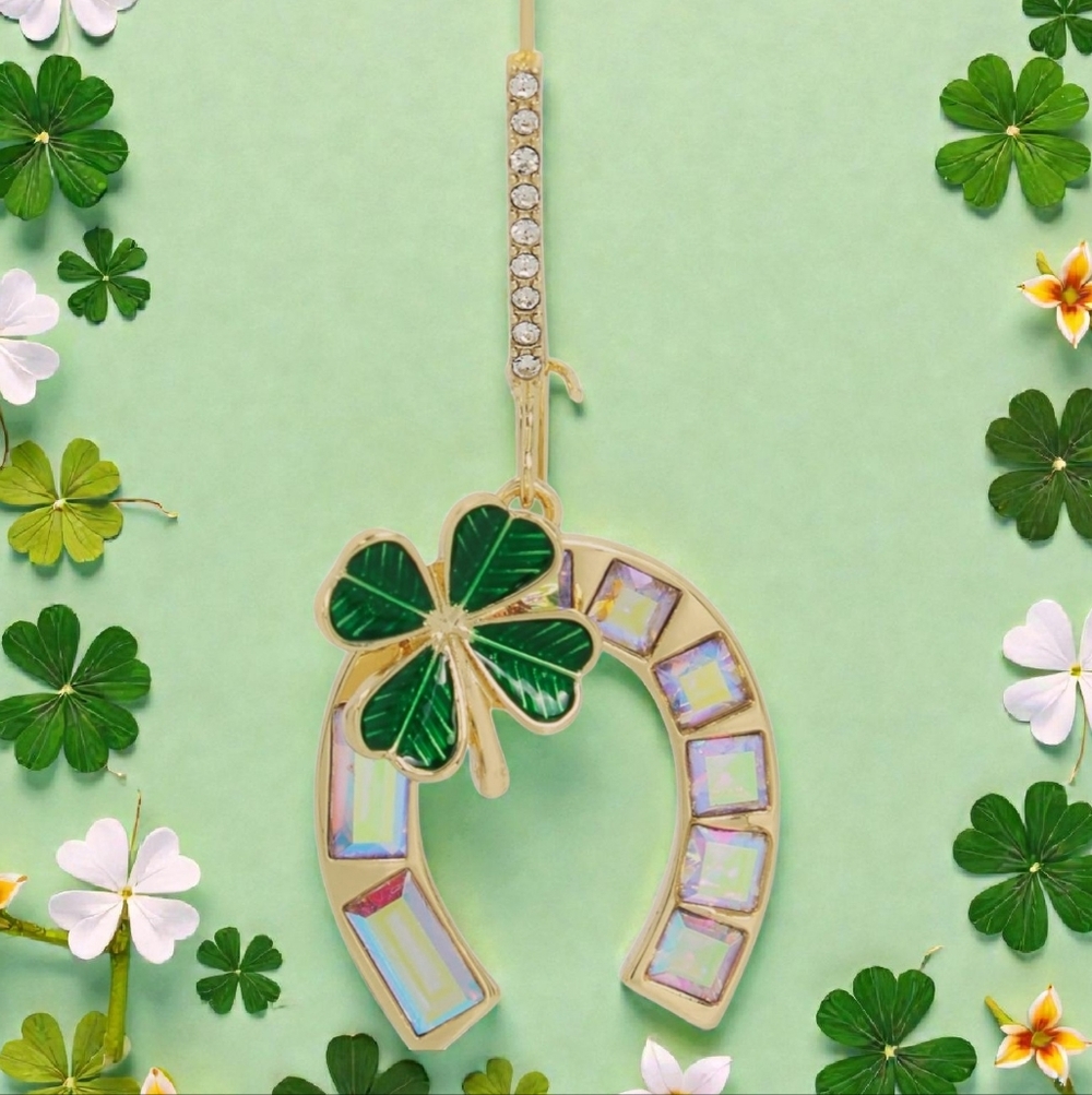 NEW Betsey Johnson Elegant Earrings with Lucky Horseshoe Clover & Stones  NWT - Picture 3 of 6